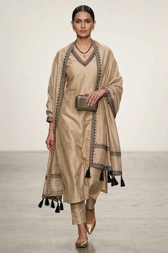 Beige block printed tussar silk long kurta set