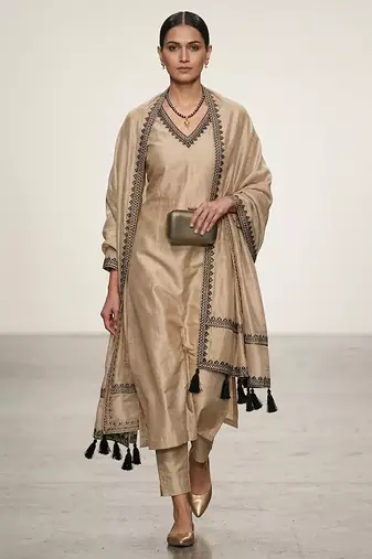 Beige block printed tussar silk long kurta set
