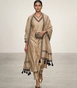 Beige block printed tussar silk long kurta set