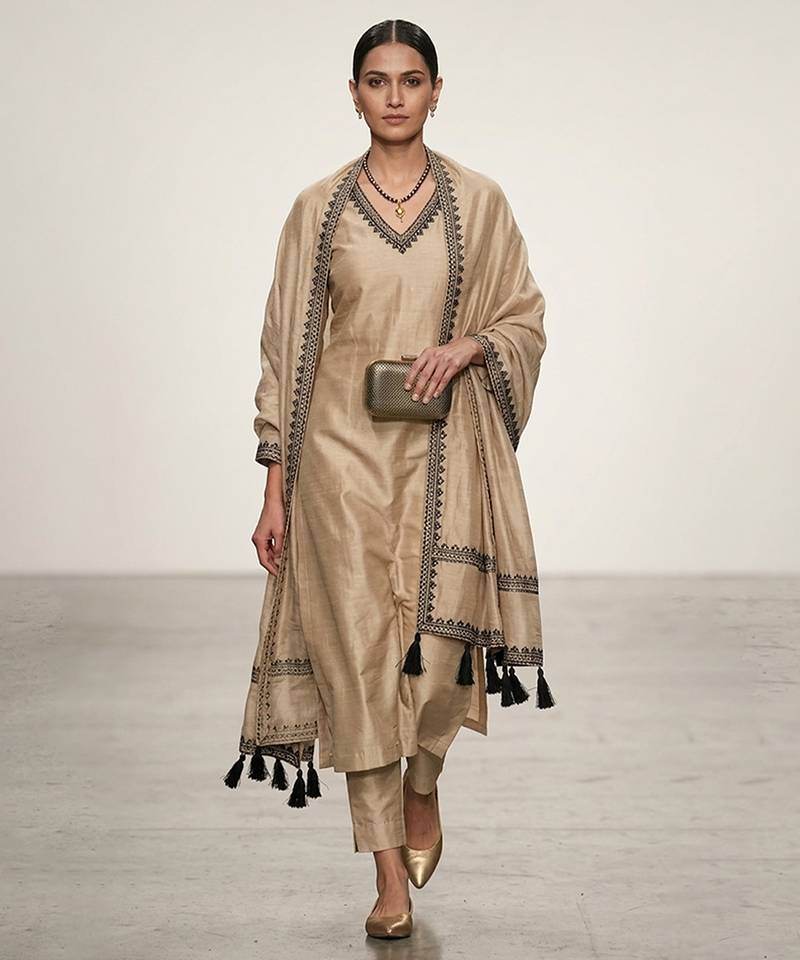 Beige block printed tussar silk long kurta set