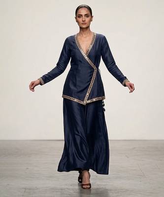 Blue embroidered assam satin co ord set 1