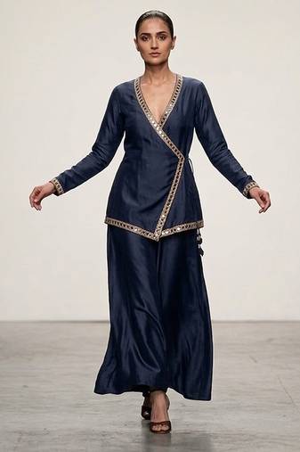 Blue embroidered assam satin co ord set