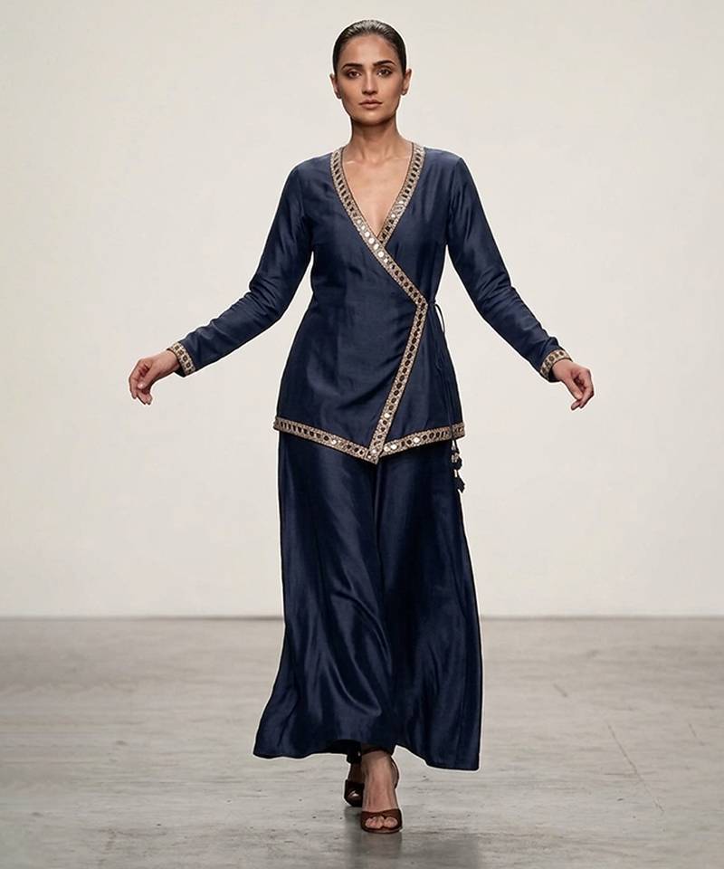 Blue embroidered assam satin co ord set