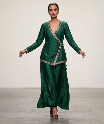 Green embroidered assam satin co ord set 1