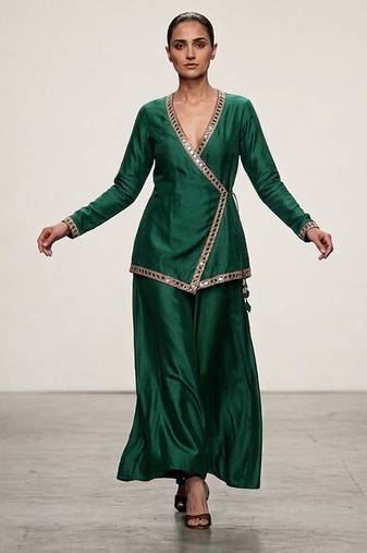 Green embroidered assam satin co ord set