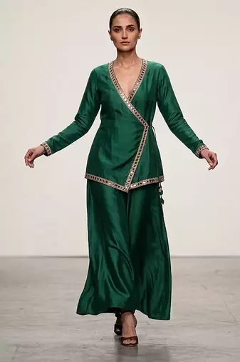 Green embroidered assam satin co ord set