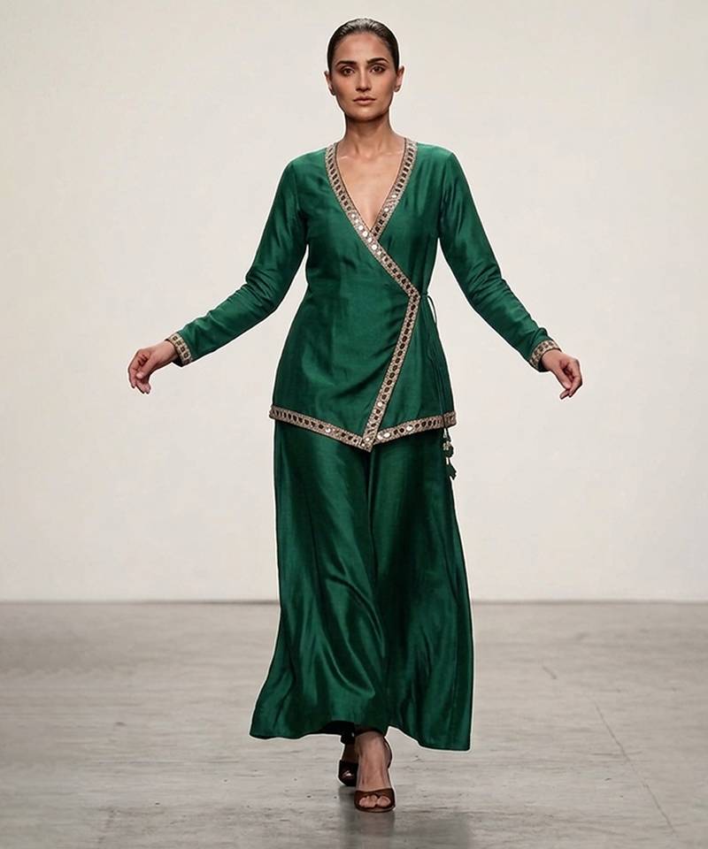 Green embroidered assam satin co ord set