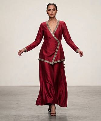 Maroon embroidered assam satin co ord set 1