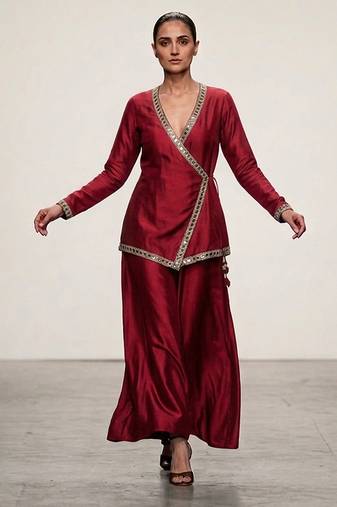 Maroon embroidered assam satin co ord set