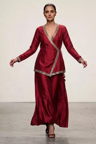 Maroon embroidered assam satin co ord set