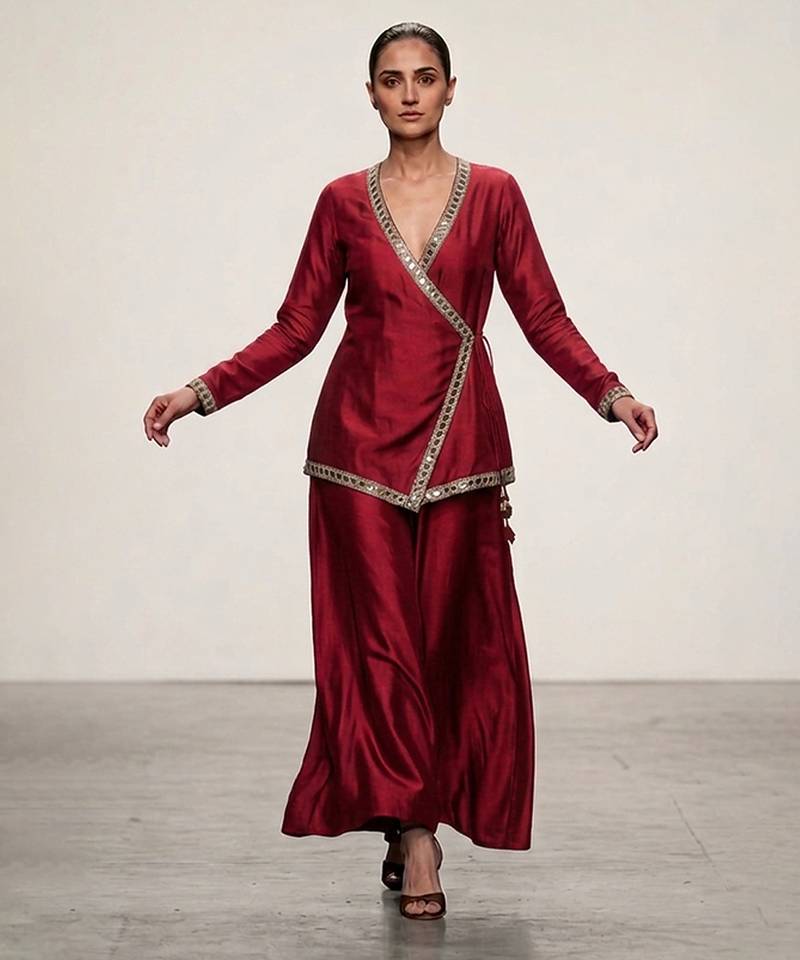 Maroon embroidered assam satin co ord set
