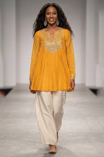 Mustard yellow embroidered mul chanderi kurta co ord set