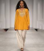 Mustard yellow embroidered mul chanderi kurta co ord set