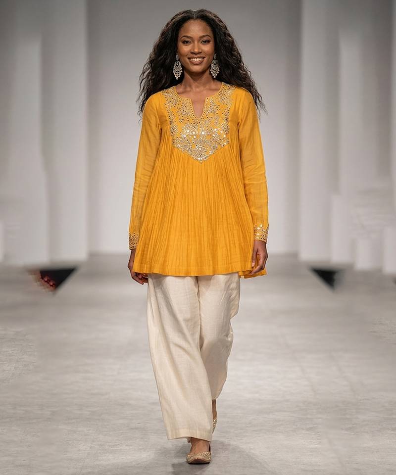 Mustard yellow embroidered mul chanderi kurta co ord set