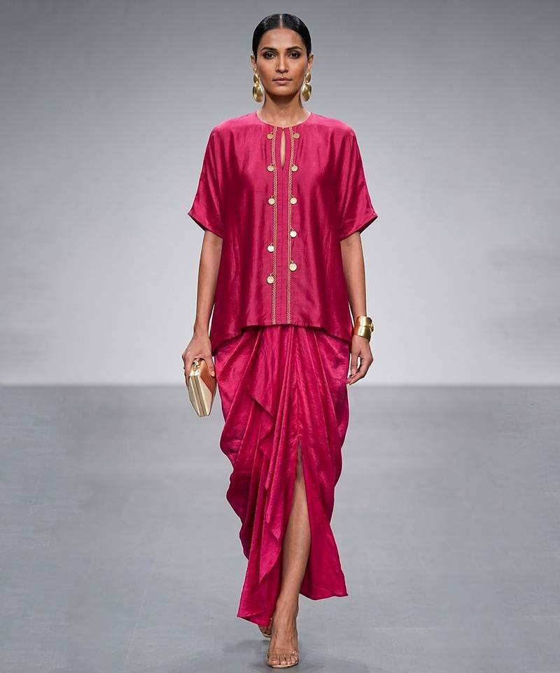 Pink embroidered tussar silk kurta skirt set