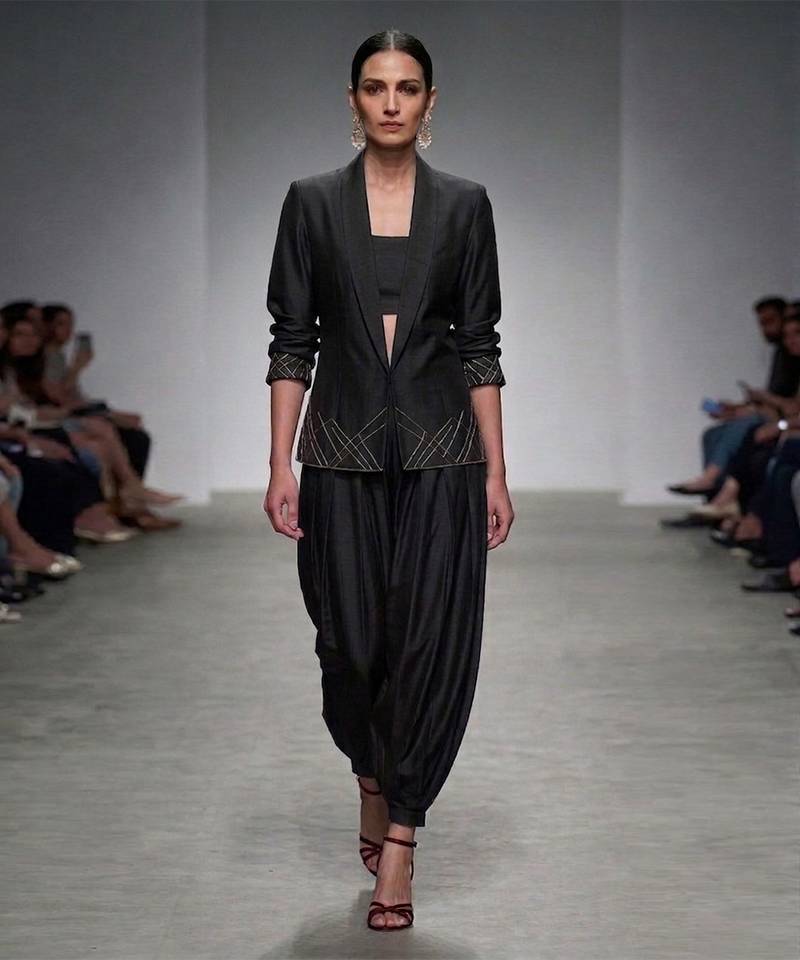 Black embroidered dupion silk co ord set