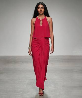 Magenta pink embroidered assam satin skirt set 1