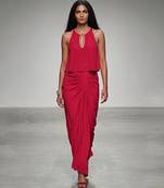 Magenta pink embroidered assam satin skirt set