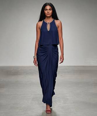 Blue embroidered assam satin skirt set 1
