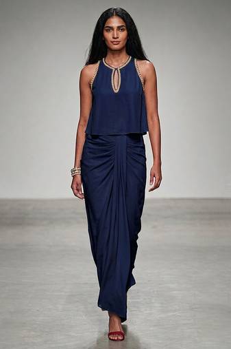 Blue embroidered assam satin skirt set