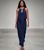 Blue embroidered assam satin skirt set