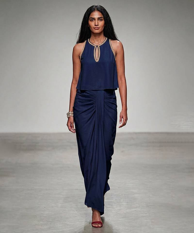 Blue embroidered assam satin skirt set