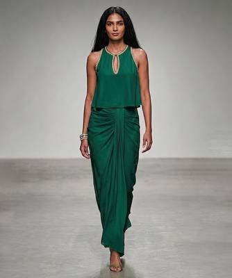 Green embroidered assam satin skirt set 1