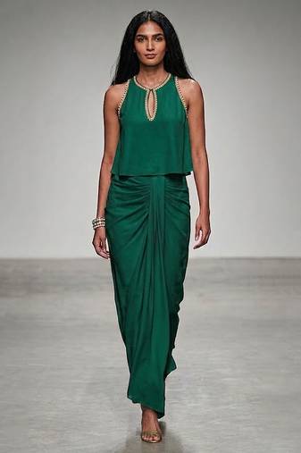 Green embroidered assam satin skirt set