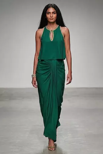Green embroidered assam satin skirt set
