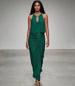 Green embroidered assam satin skirt set