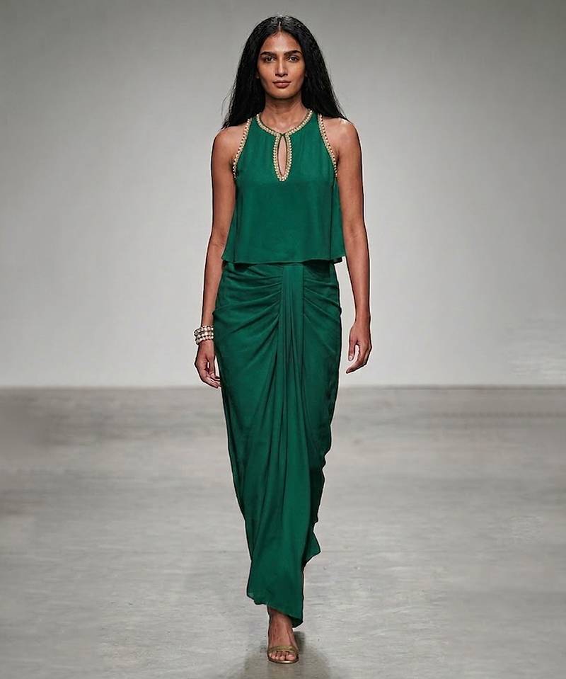 Green embroidered assam satin skirt set