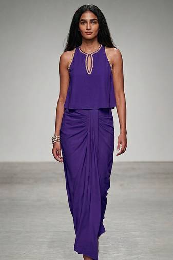 Purple embroidered assam satin skirt set