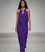 Purple embroidered assam satin skirt set