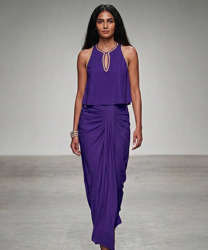 Purple embroidered assam satin skirt set