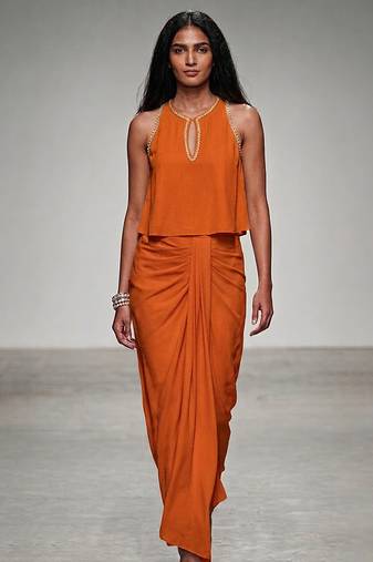 Orange embroidered assam satin skirt set