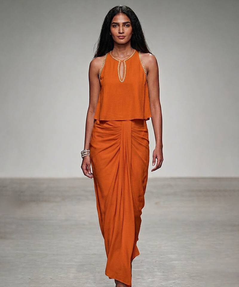 Orange embroidered assam satin skirt set