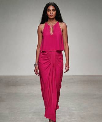 Pink embroidered assam satin skirt set 1
