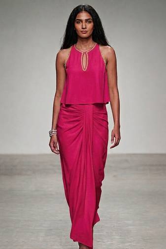 Pink embroidered assam satin skirt set