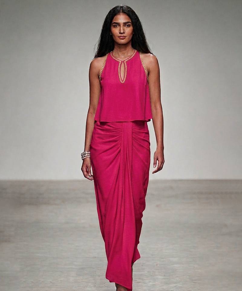 Pink embroidered assam satin skirt set