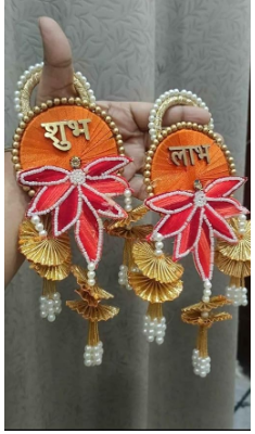 decorative shubh labh lotus patch gota chakri hanging home wall hanging decor (pack of 2) 1
