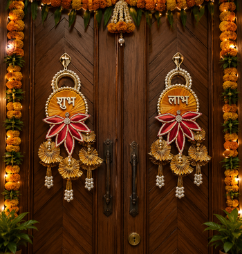 decorative shubh labh lotus patch gota chakri hanging home wall hanging decor (pack of 2) 2