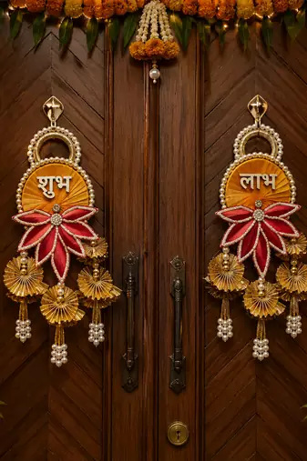 decorative shubh labh lotus patch gota chakri hanging home wall hanging decor (pack of 2)