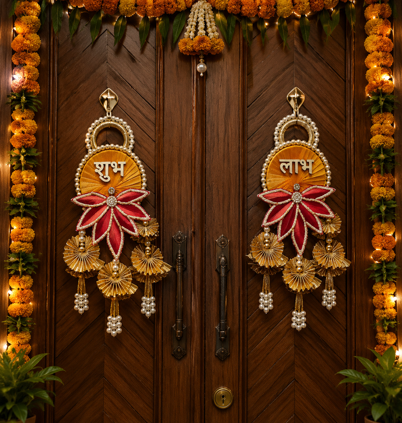 decorative shubh labh lotus patch gota chakri hanging home wall hanging decor (pack of 2)