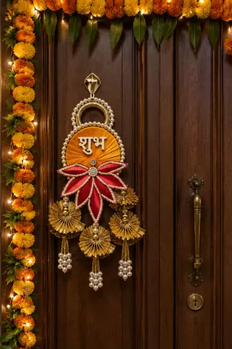 decorative shubh labh lotus patch gota chakri hanging home wall hanging decor (pack of 2)