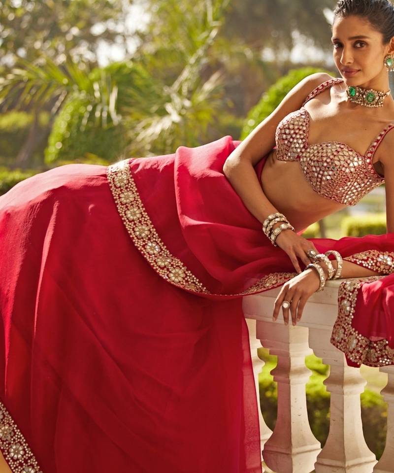 Red Organza Silk Sequins With Paper Mirror &  Zari Embroidery Work Wedding Lehenga Choli 