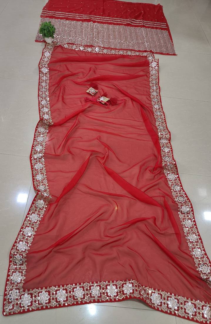 Red Organza Silk Sequins With Paper Mirror &  Zari Embroidery Work Wedding Lehenga Choli 