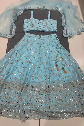 Skyblue Embroidered Georgette Lehenga Choli Dupatta