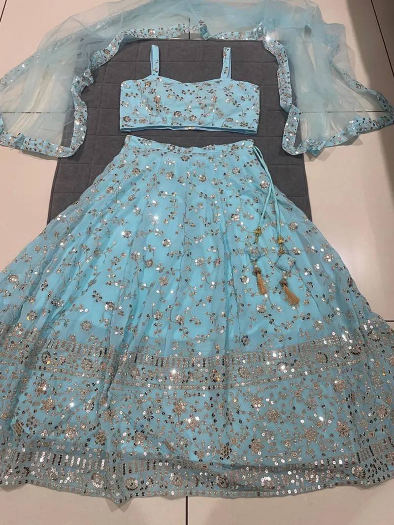 Skyblue Embroidered Georgette Lehenga Choli Dupatta