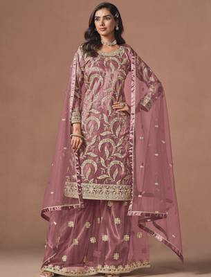 Pink net heavy thread embroidery, zari with sequins work salwar kameez 1