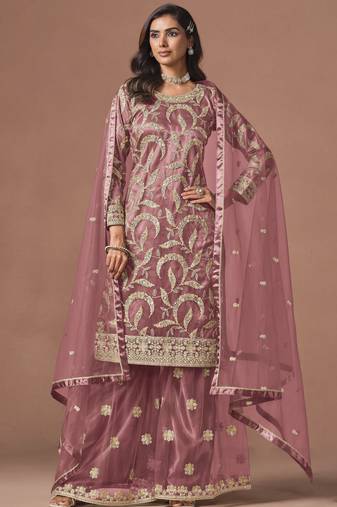 Pink net heavy thread embroidery, zari with sequins work salwar kameez